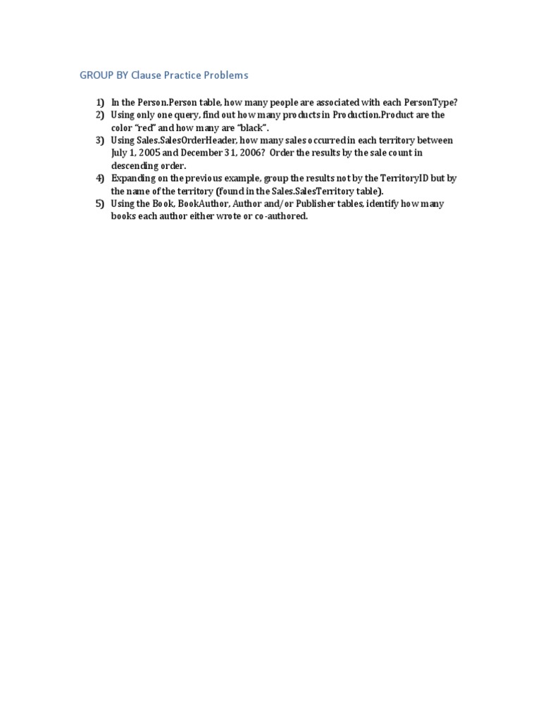 Group By Clause Practice Problems | PDF | Databases | Data Management