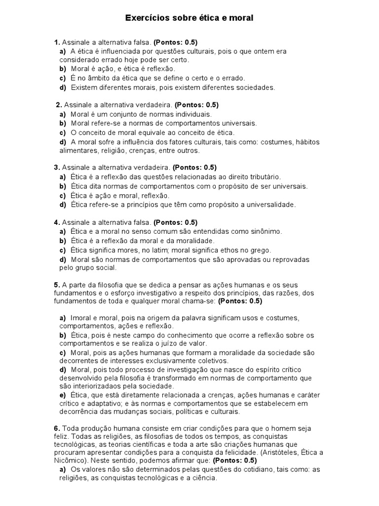 Exercícios de Ética e Moral com Gabarito | PDF | Moralidade | Humano