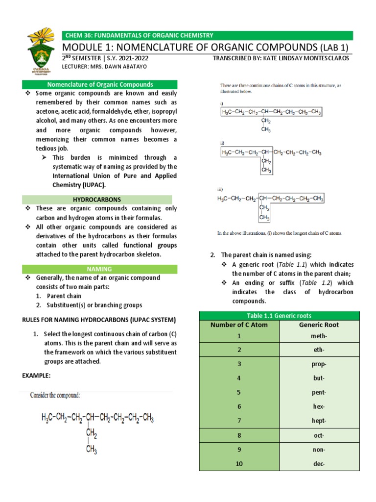 Module 1 - Nomenclature of Organic Compounds Lab 1 | PDF | Alkane ...