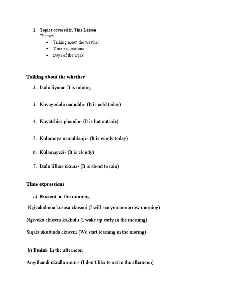 Ndebele For Beginners Lesson Themes | PDF