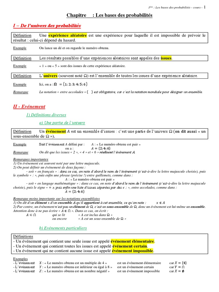 1ère - Chap - Les Bases Des Probas - Cours | PDF | Ensemble ...