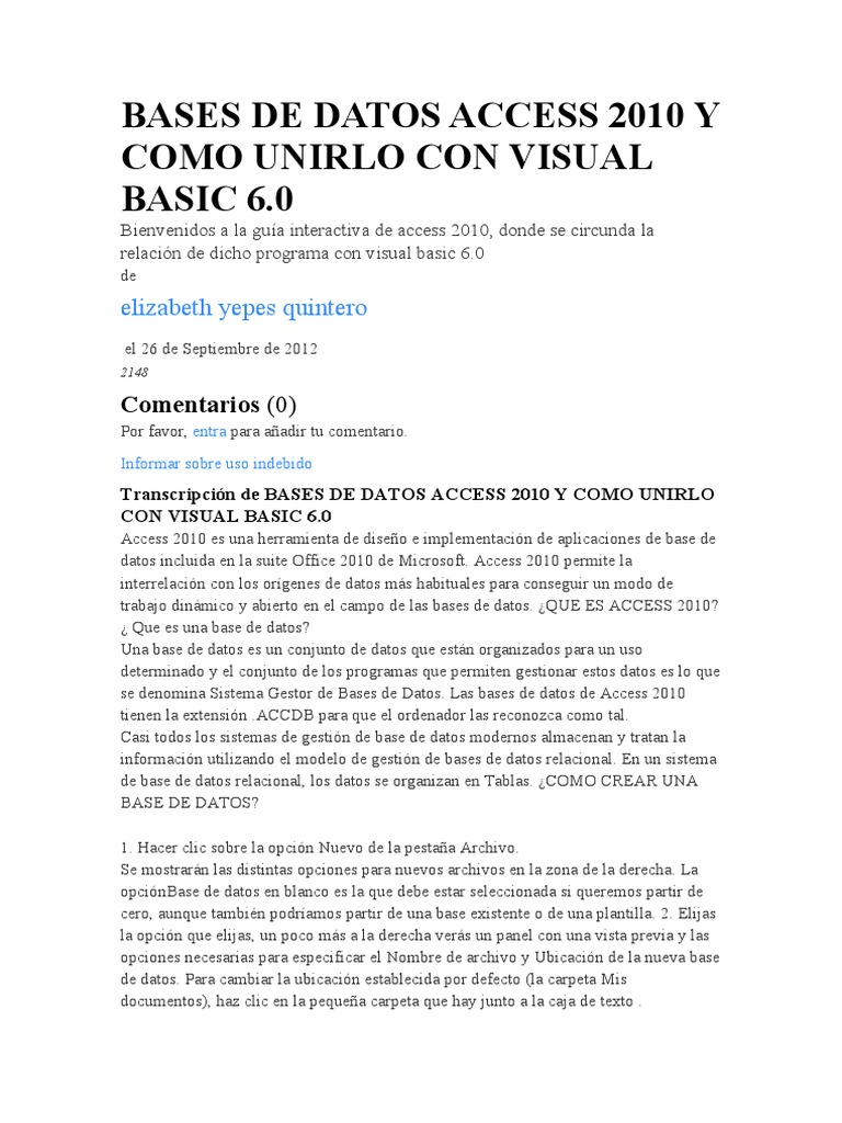 Conexión Access 2010 y Visual Basic 6.0 | PDF | Bases de datos | Active ...