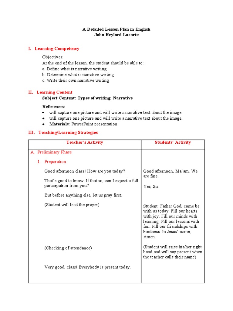 I. Learning Competency: A Detailed Lesson Plan in English John Reylord ...