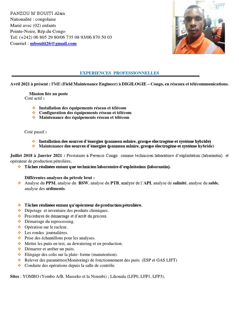 CV d'Alain Panzou : Ingénieur Maintenance | PDF | Informatique ...