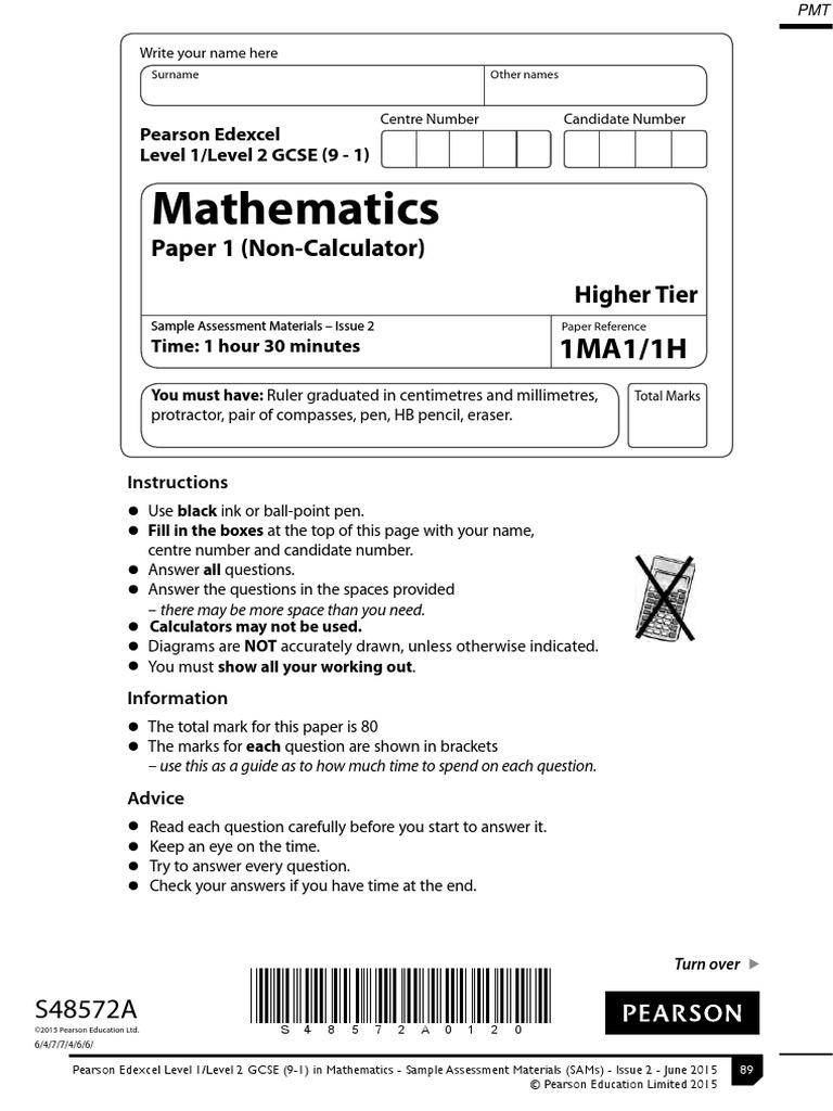 Specimen QP - Paper 1 (H) Edexcel Maths GCSE | PDF