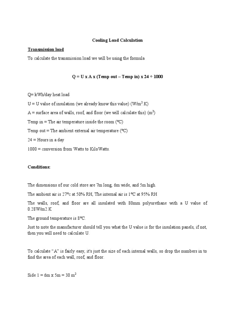 Cold Room Heat Load Calculation Guide | PDF | Electric Power | Watt