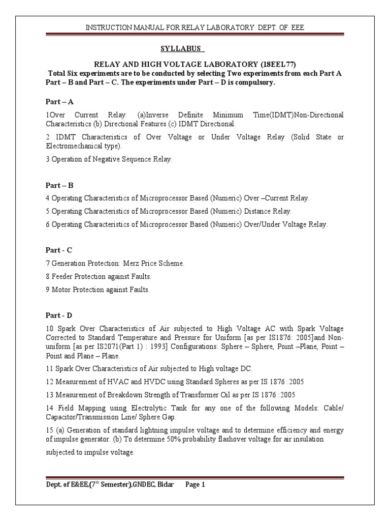 Relay and High Voltage Lab Manual | PDF | Electrical Breakdown | Capacitor