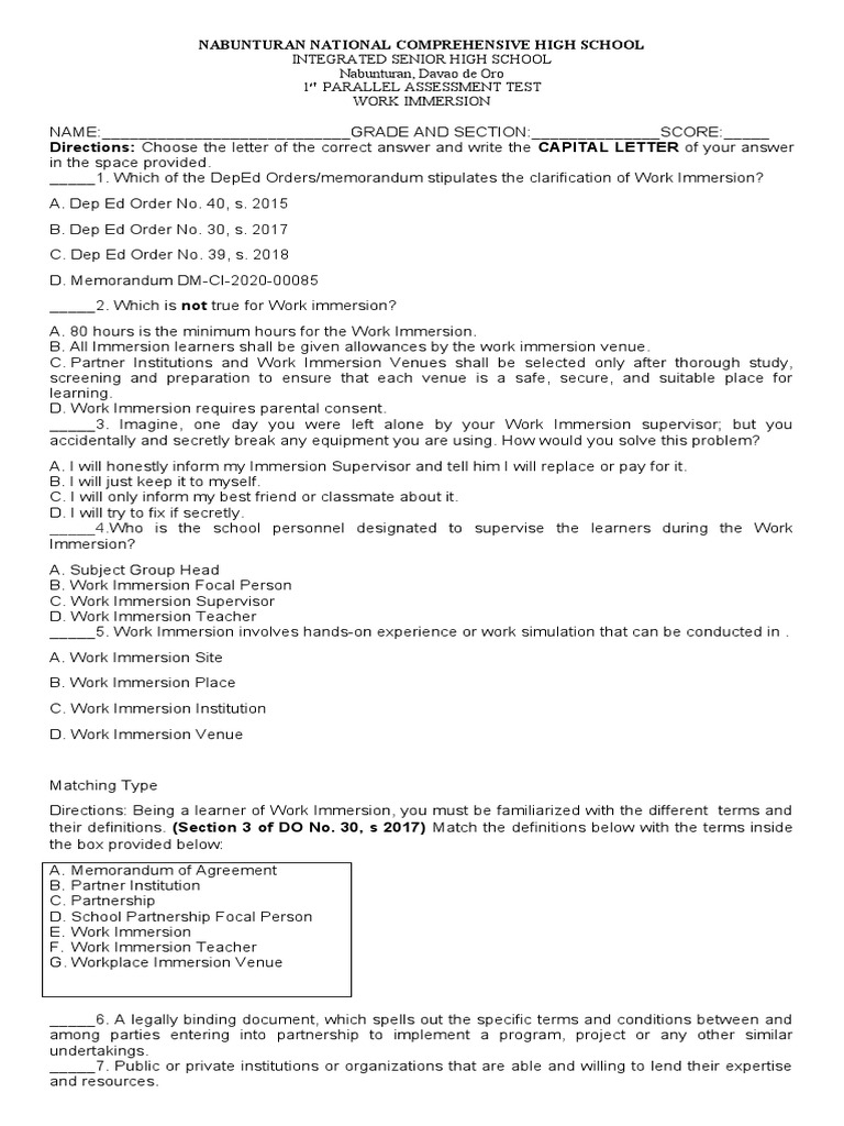 Work Immersion Assessment Guide | PDF | Partnership | Employment