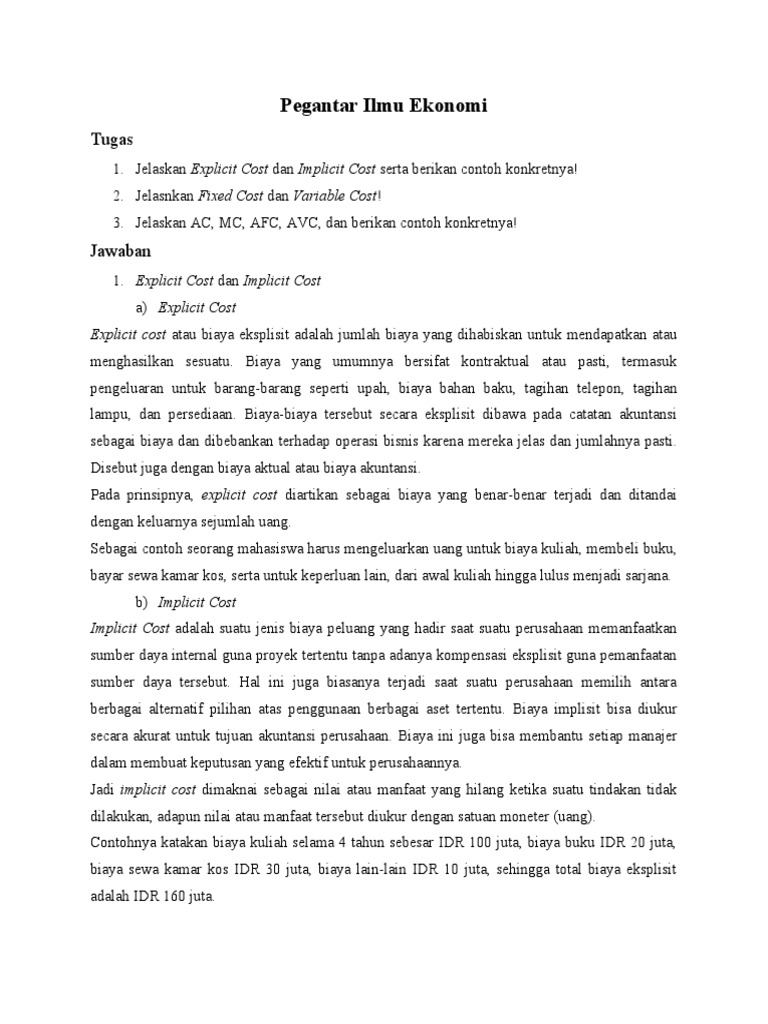 Explicit Cost, Implicit Cost, Fixed Cost, Dan Variable Cost PDF