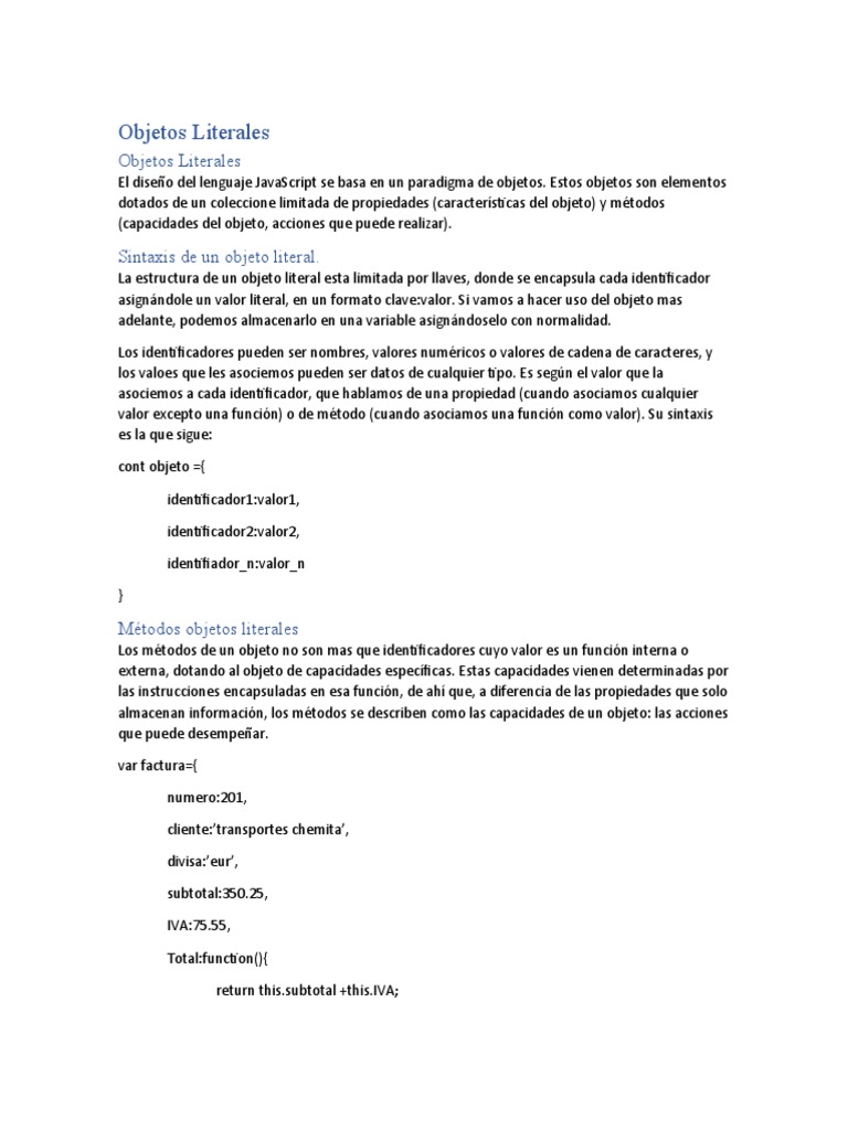 Objetos Literales en JavaScript | PDF | Lenguaje de programación ...