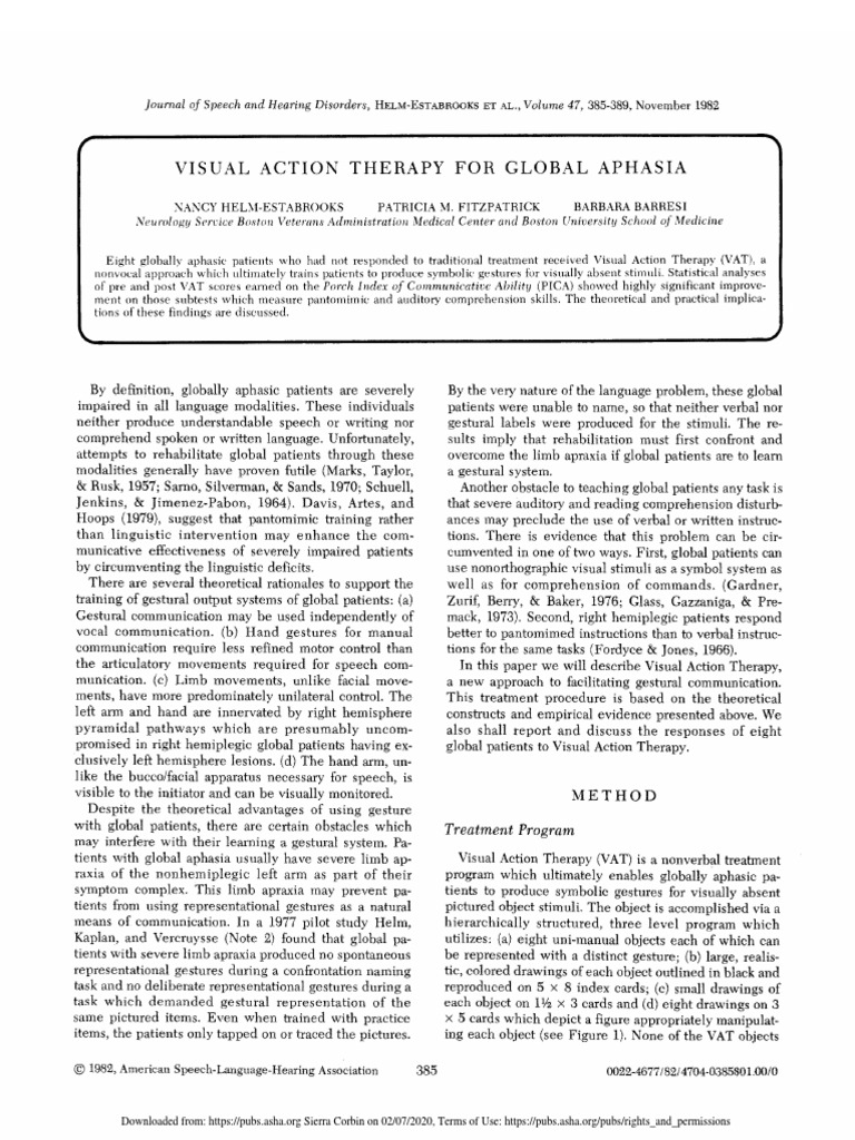Visual Action Therapy For Global Aphasia VAT PDF Aphasia Cerebral