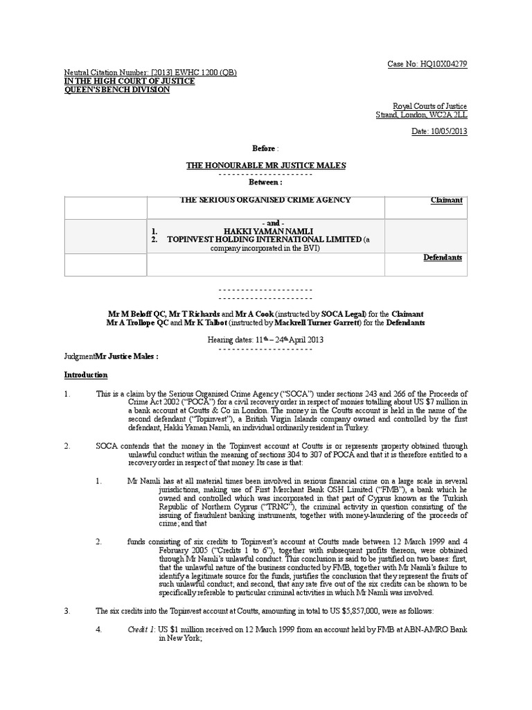 SOCA (NCA) V Hakki Yaman Namli | PDF | Burden Of Proof (Law) | Acquittal