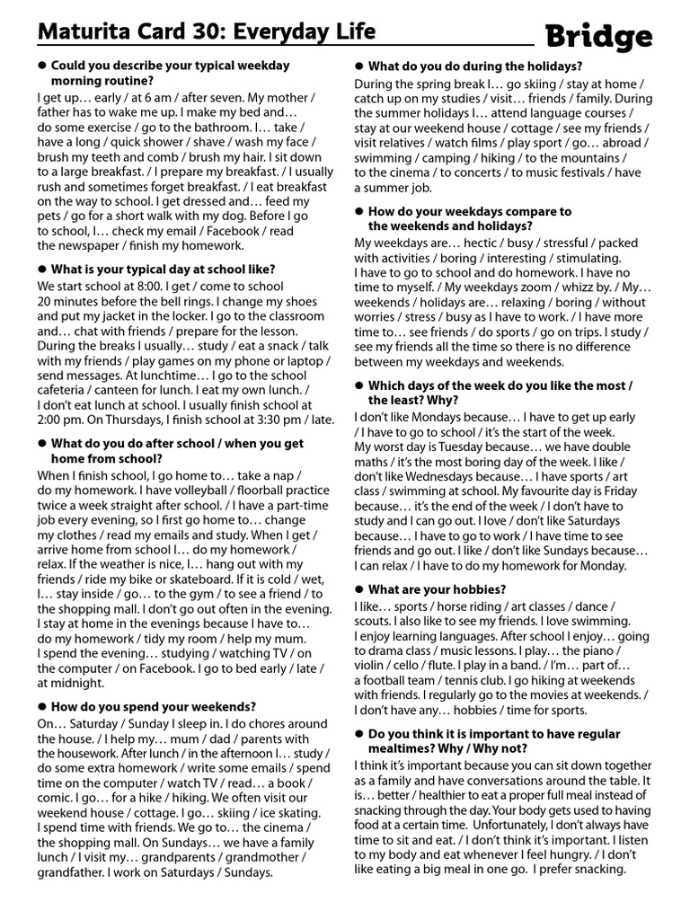 Maturita Card Every Day Life PDF Workweek And Weekend