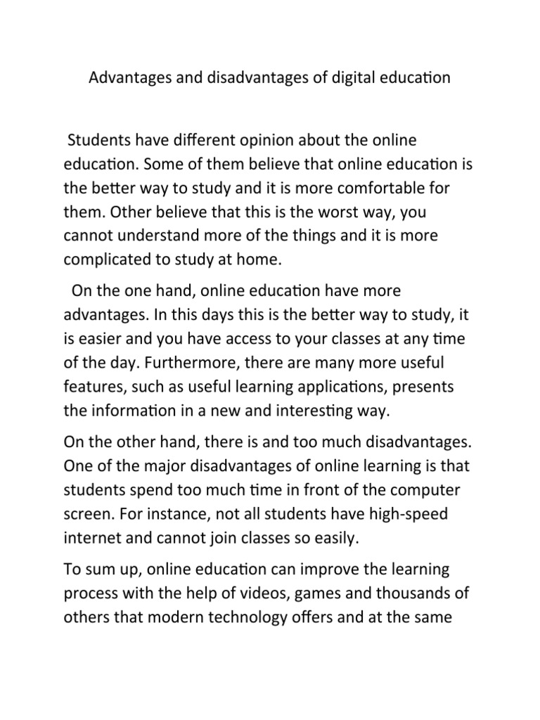 Advantages and Disadvantages of Digital Education | PDF