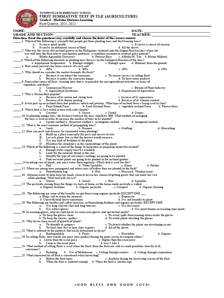 Grade 6 TLE Agriculture Summative Test | PDF | Trees | Orchard