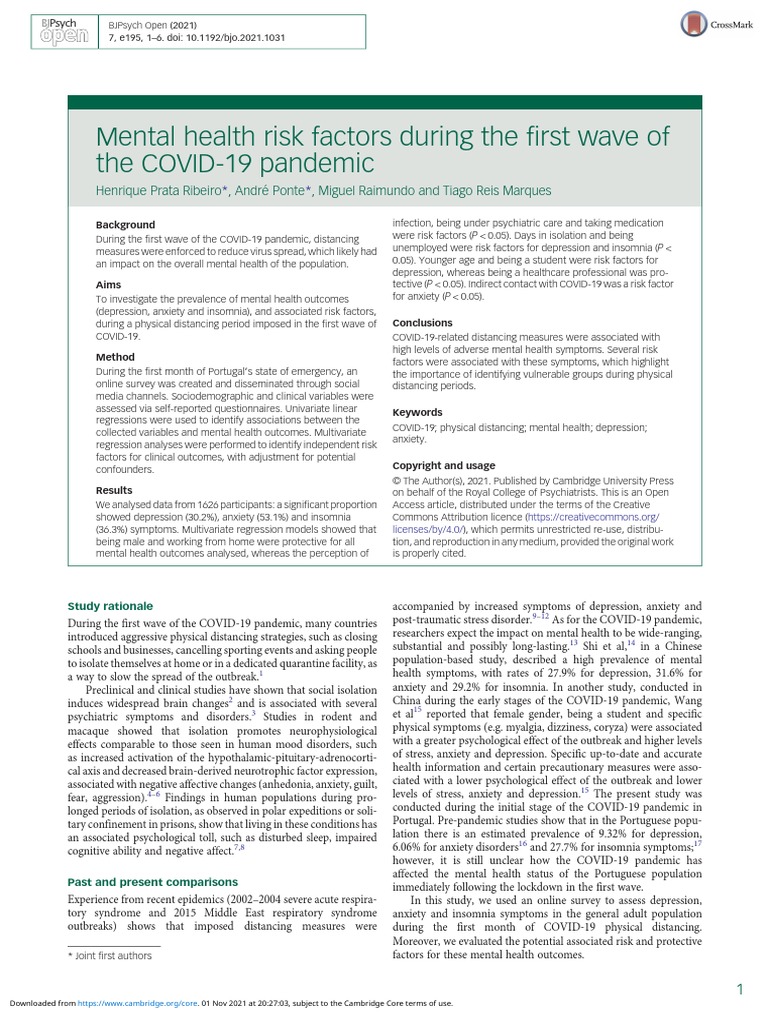 Mental Health Risk Factors During The First Wave of The Covid 19 ...