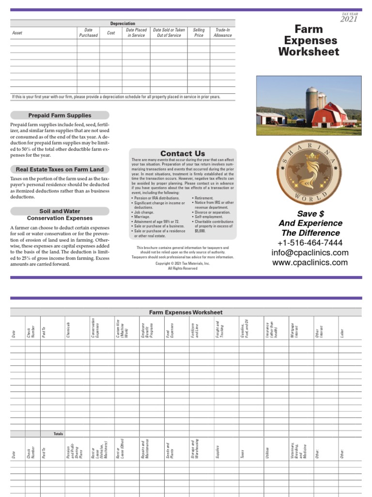 Farm Expenses Worksheet 2021 PDF Taxes Tax Deduction