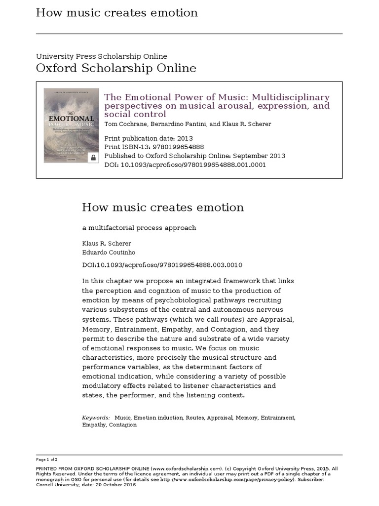 The Emotional Power of Music (Multidisciplinary Perspectives On Musical ...