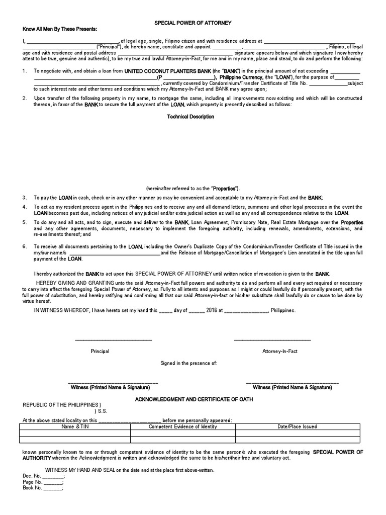 Special Power of Attorney for Loan | PDF | Power Of Attorney | Loans