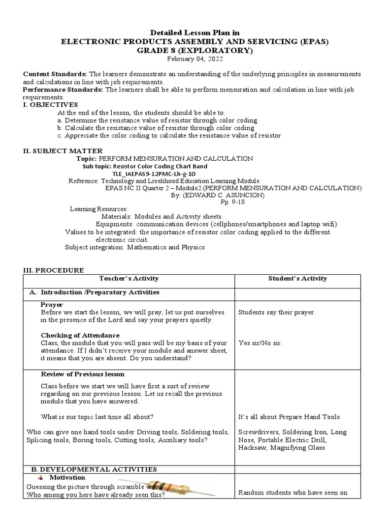 Detailed Lesson Plan in Electronic Products Assembly and Servicing (Epas) Grade 8 (Exploratory