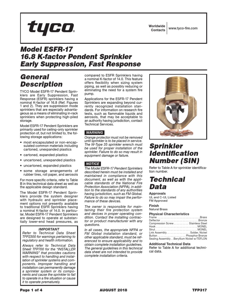 Model ESFR17 16.8 KFactor Pendent Sprinkler Early Suppression, Fast