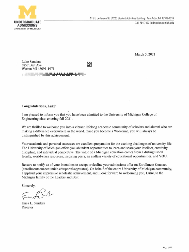 Umich Acceptance Letter | PDF
