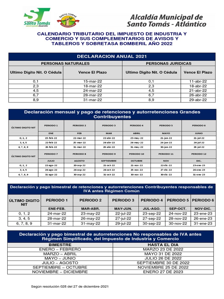 Calendario Tributario 2022 Ica. PDF Finanzas del gobierno Impuestos