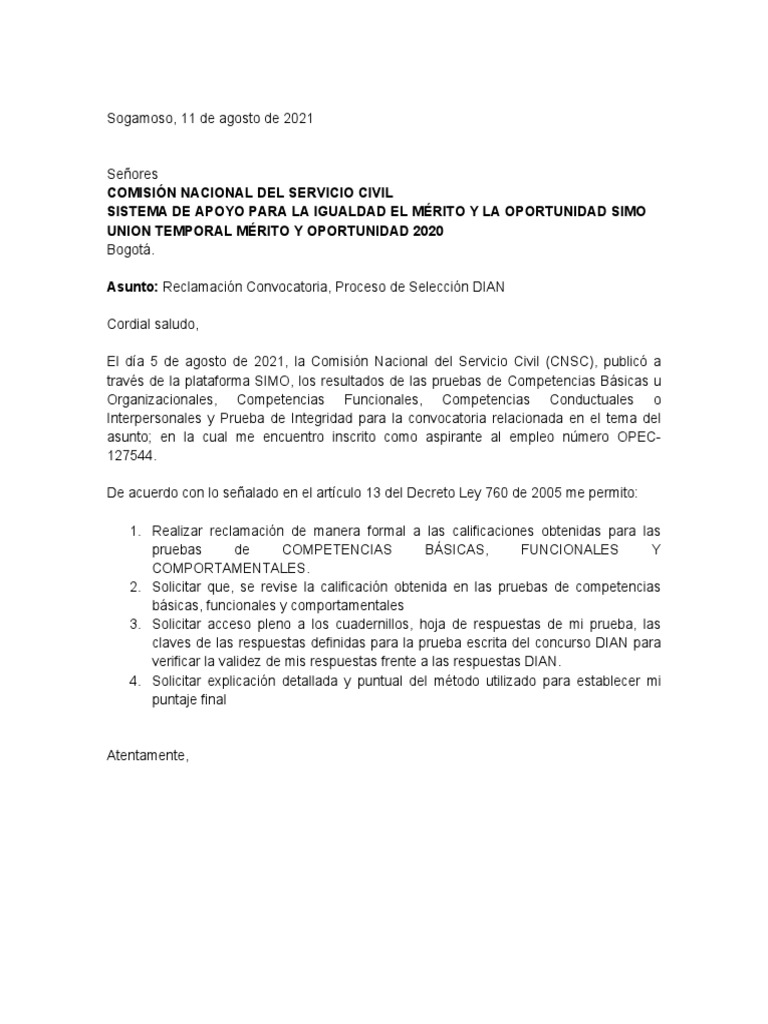 Reclamación PruebasEscritas CNSC DIAN PDF