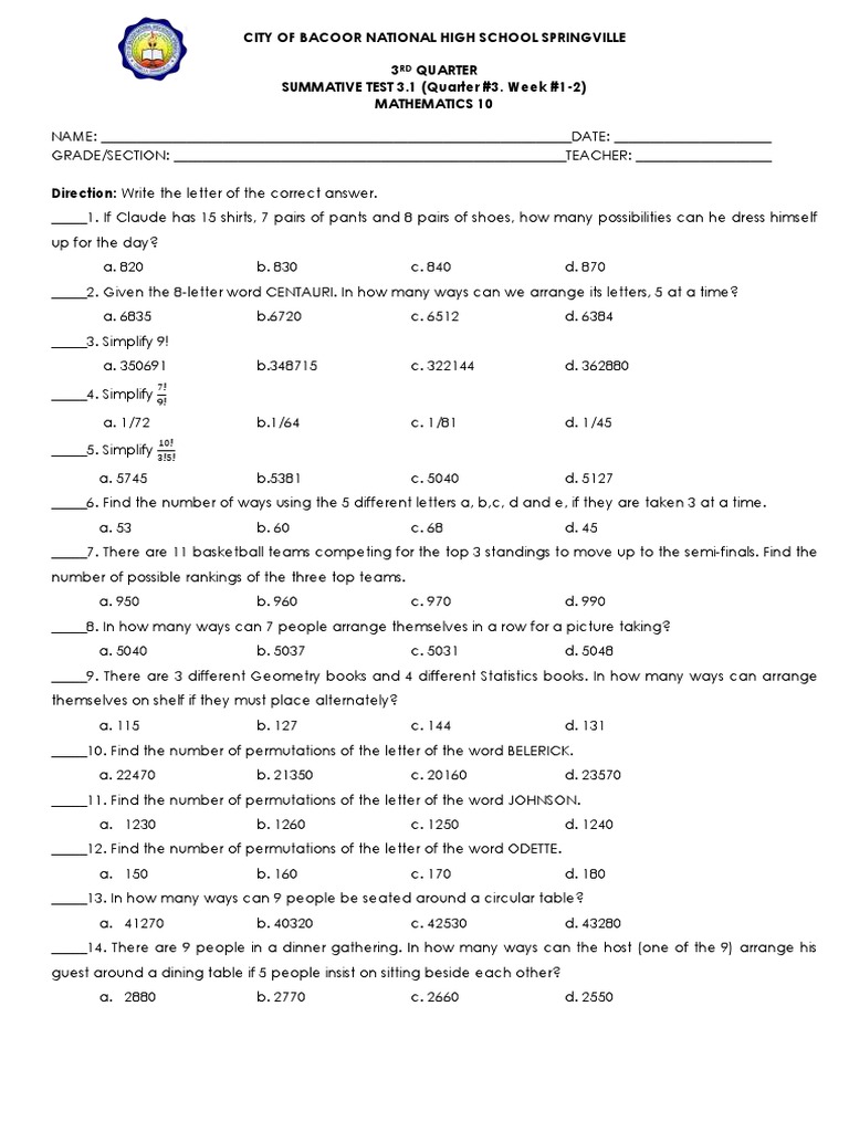Grade 4 Summative Test: Math 10 | PDF | Permutation | Mathematics