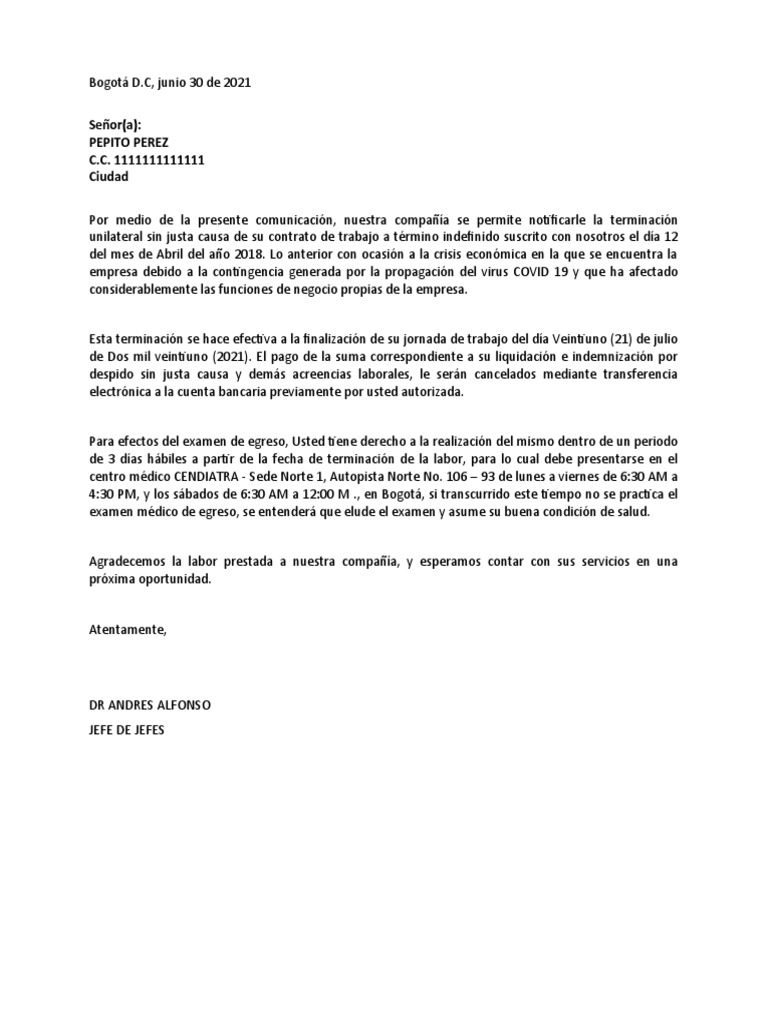 Carta De Terminación De Contrato Pdf