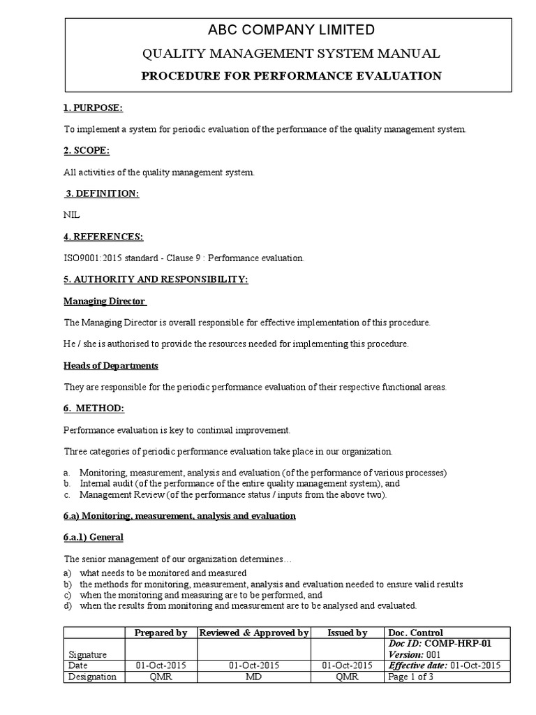 Abc Company Limited Quality Management System Manual Procedure For