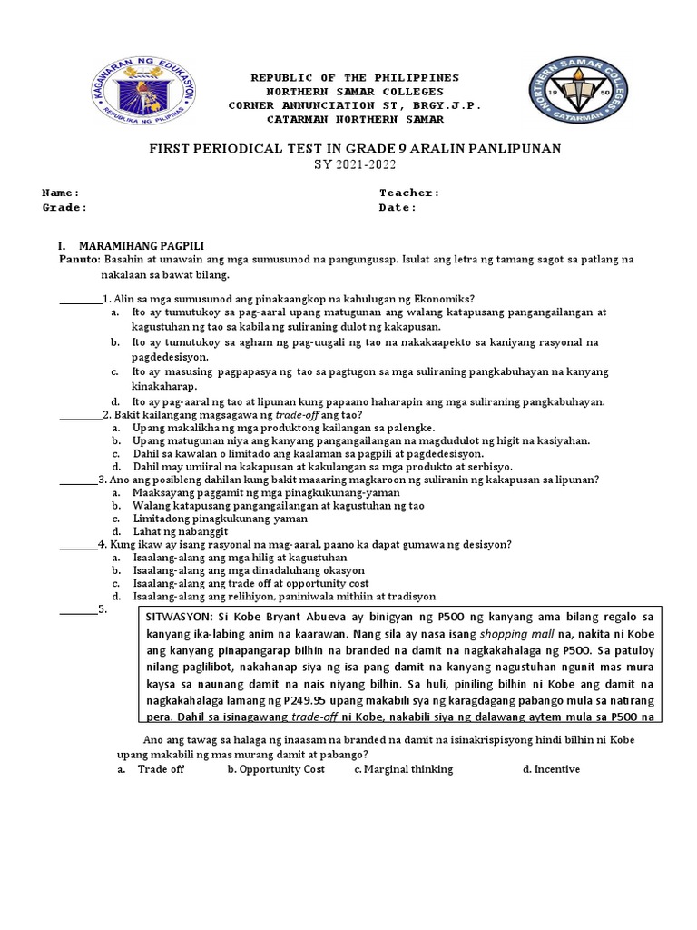 First Periodical Examination in Ap 9 | PDF