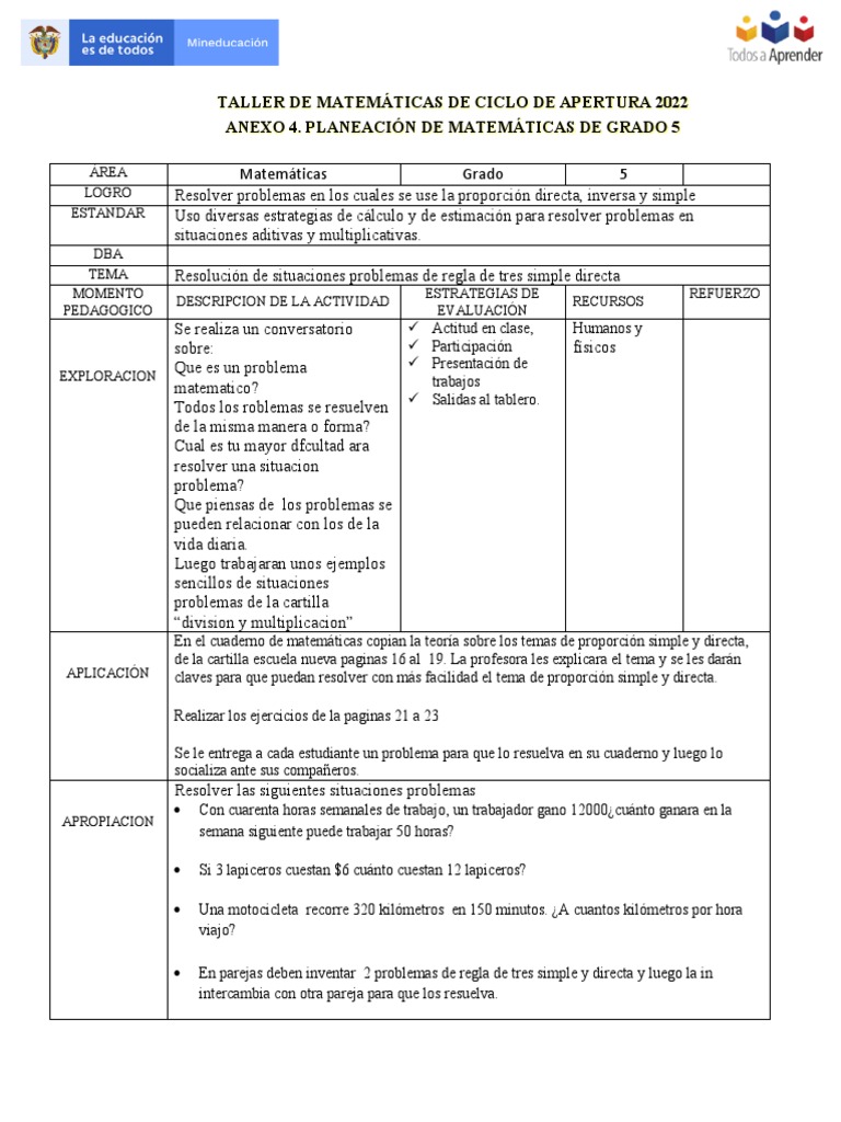 Anexo 4. Planeación Matemáticas Grado Quinto PDF Matemáticas