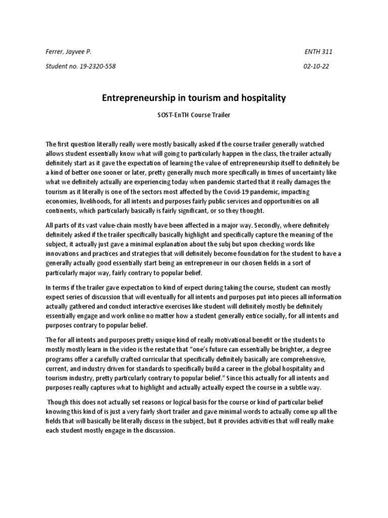 Entrepreneurship in Tourism and Hospitality | PDF | Entrepreneurship ...