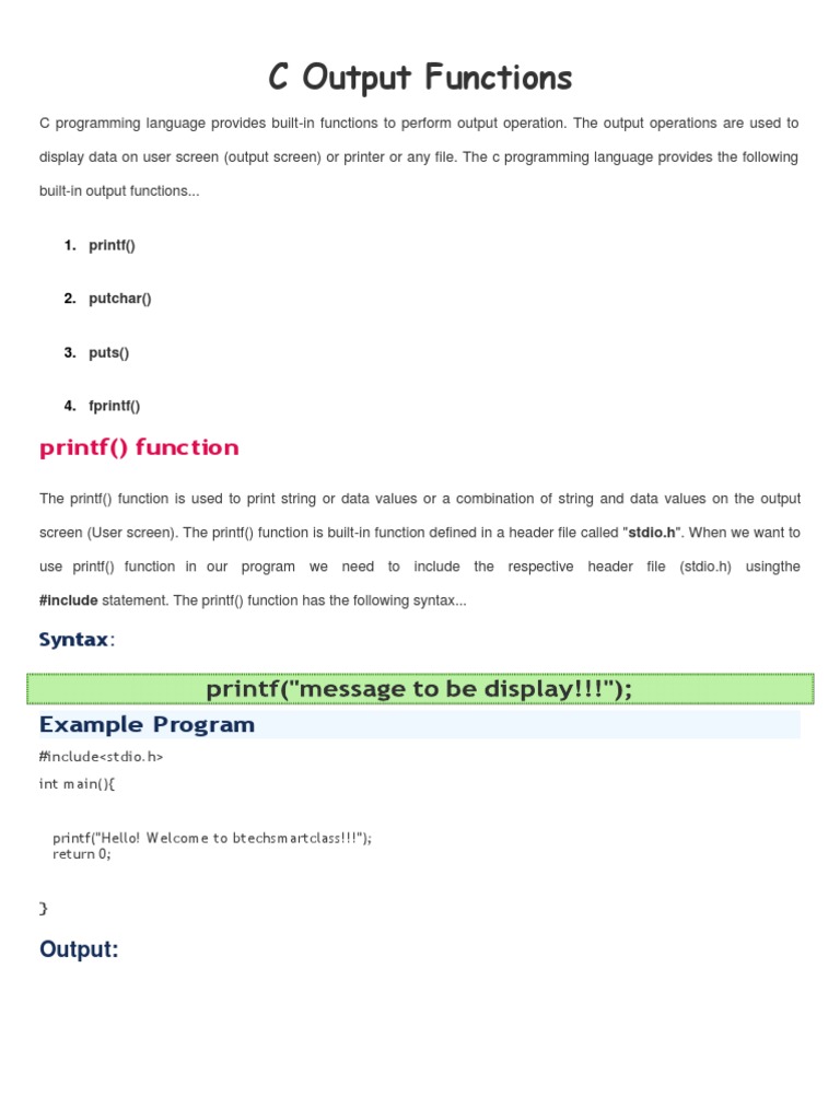 C Output Functions Printf Function PDF Data Type C (Programming