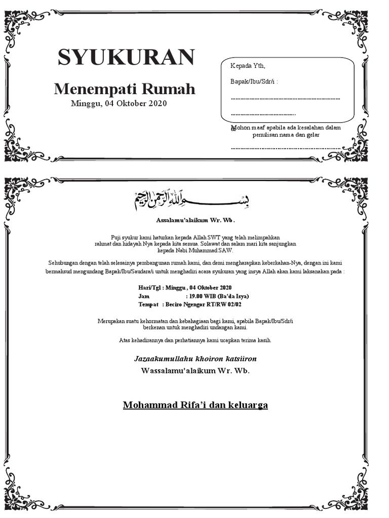 Contoh Surat Undangan Syukuran Rumah Baru | PDF