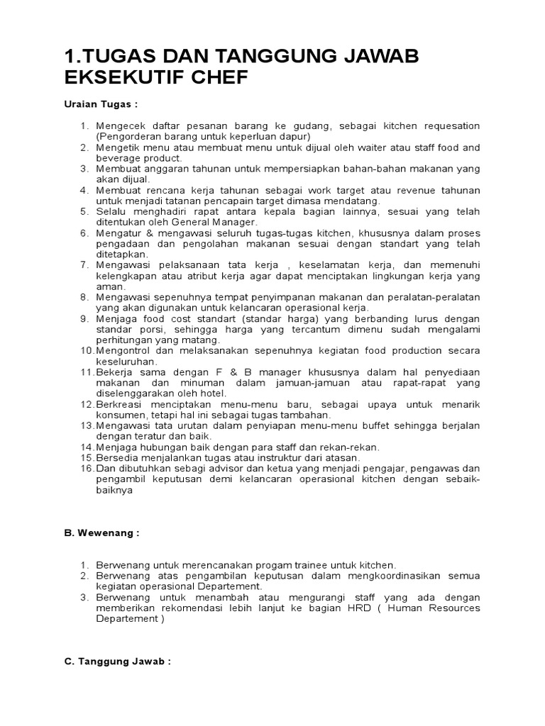 Tugas Dan Tanggung Jawab Eksekutif Chef | PDF