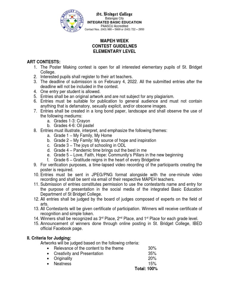 Art Contest Guidelines Elementary Level PDF Communication