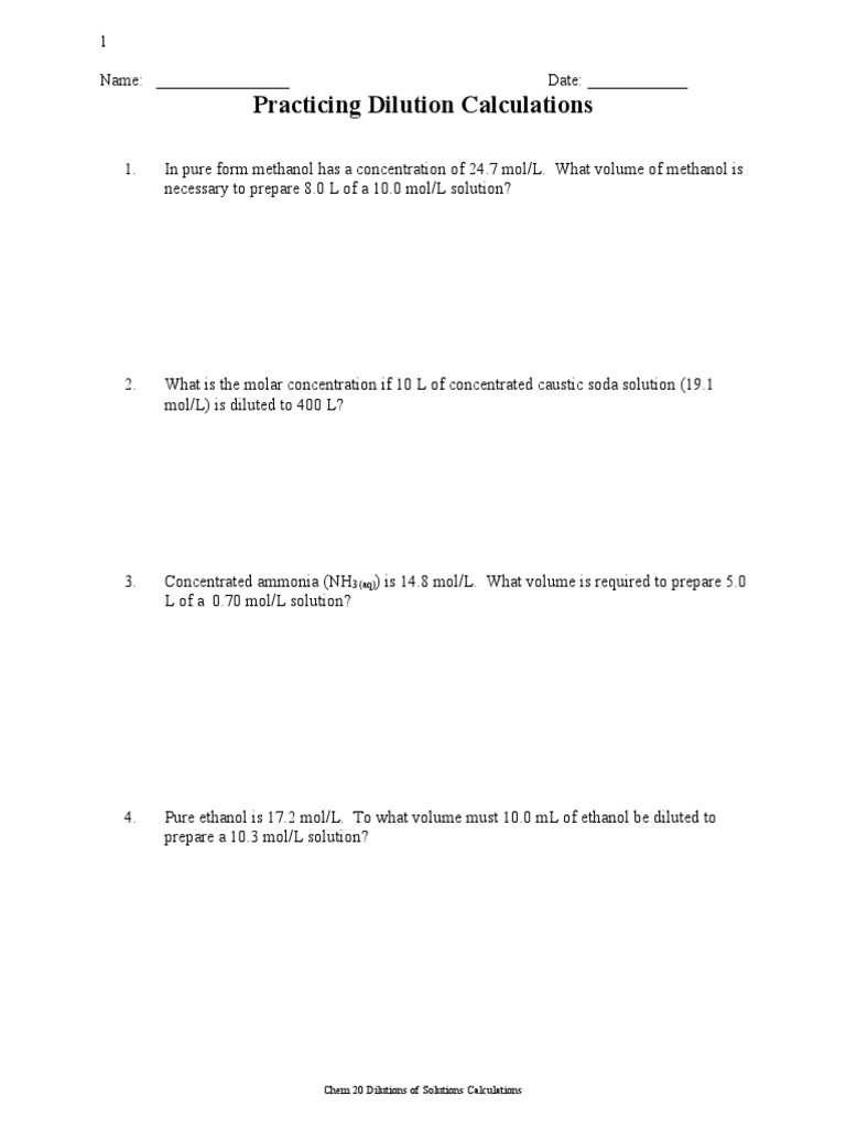 C20 Practice Dilution Calculations 2020 | PDF