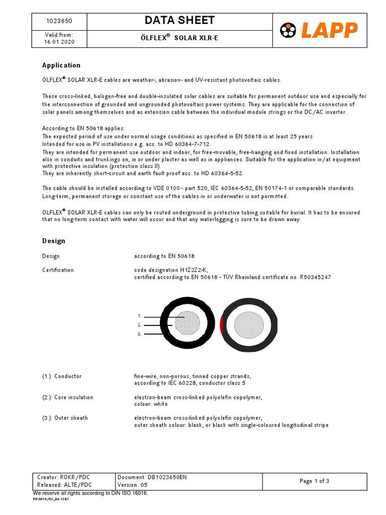Data Sheet Ölflex Solar XlrE PDF Photovoltaics Photovoltaic System
