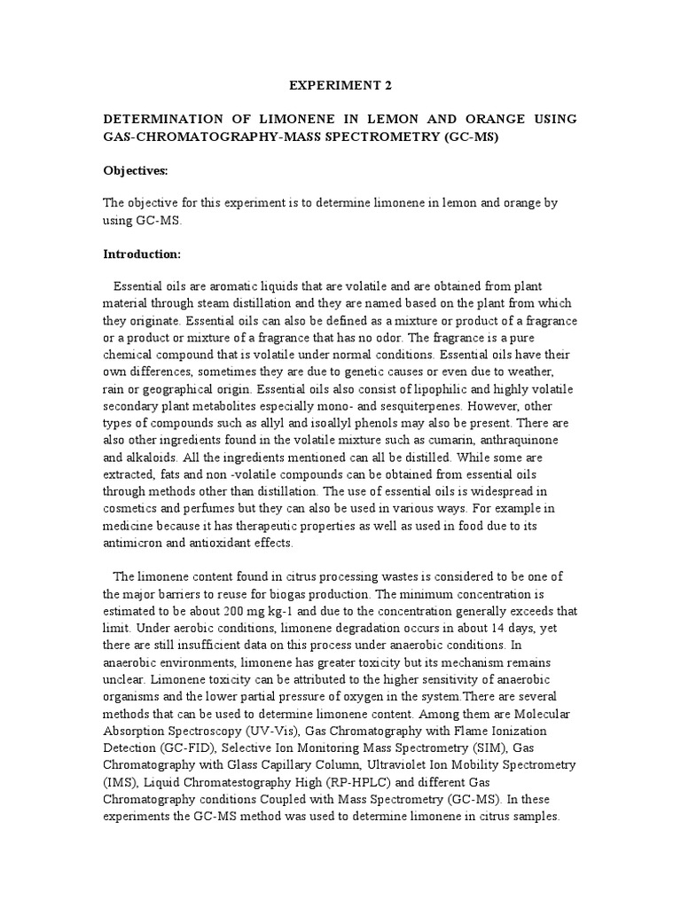 Experiment 2 Determination of Limonene in Lemon and Orange Using Gas ...