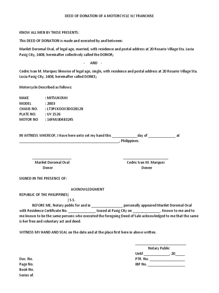 Deed of Donation of A Motorcycle W PDF