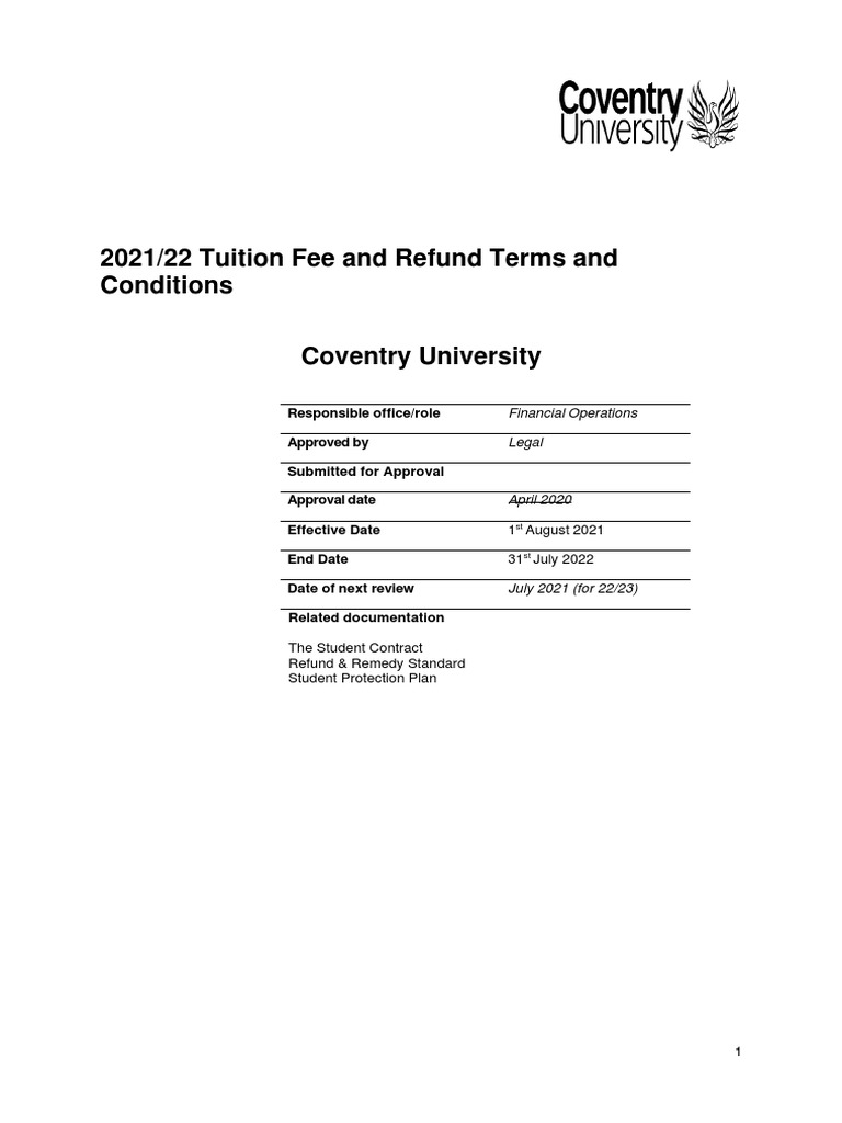 Coventry University Tuition Fees Withdrawal and Refunds Final 21 22v1