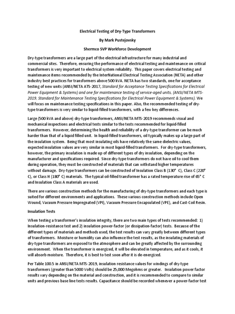 Electrical Testing Dry Type Transformers | PDF | Transformer ...