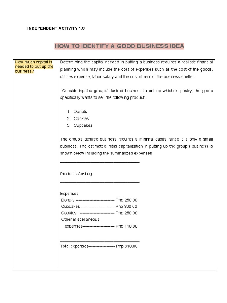 How To Identify A Good Business Idea: Independent Activity 1.3 | PDF ...
