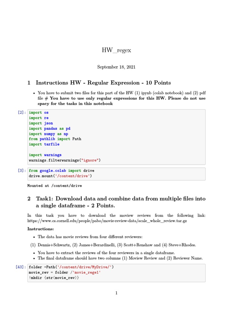 HW Regex 1 Instructions HW Regular Expression 10 Points PDF