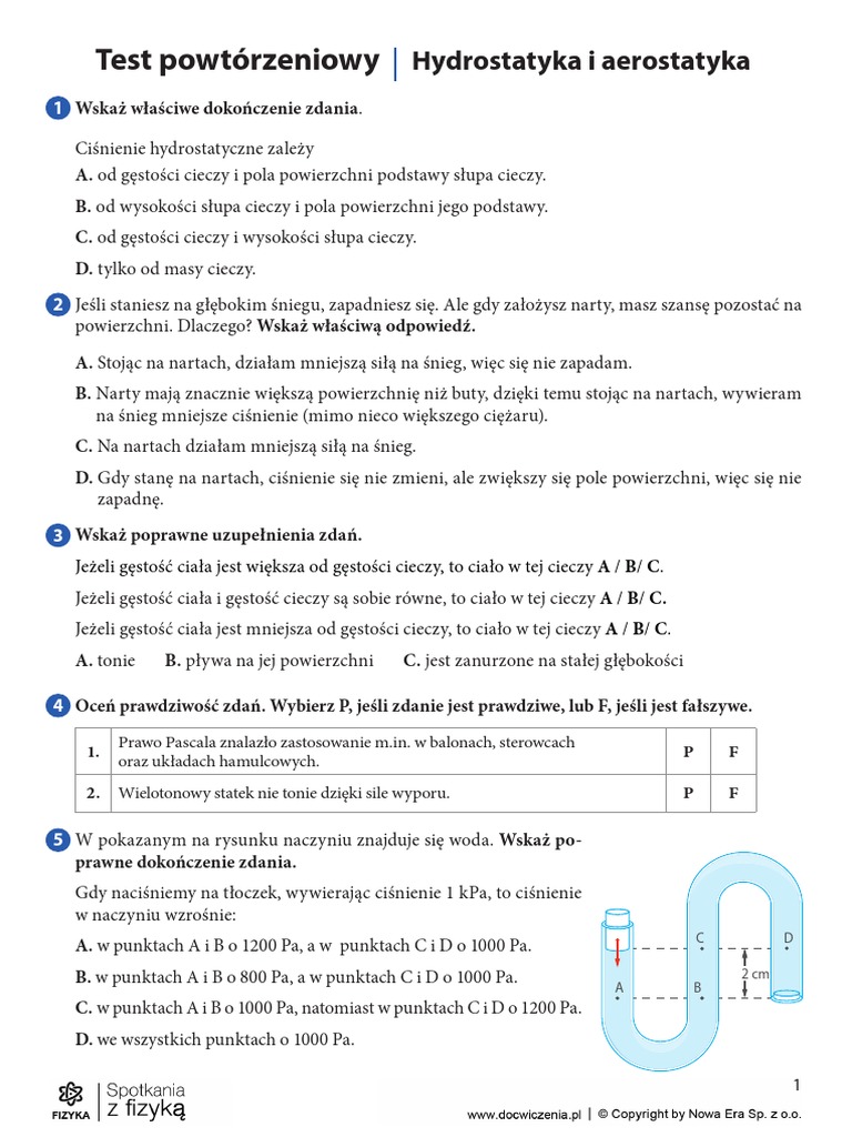 Sprawdzian Hydrostatyka I Aerostatyka III Test Dodatkowy Hydrostatyka I Aerostatyka | PDF