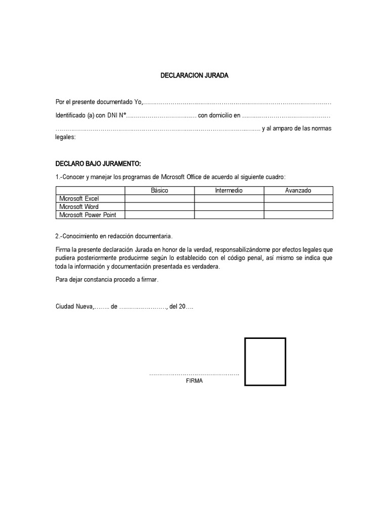 Modelo de Declaración Jurada en Word | PDF