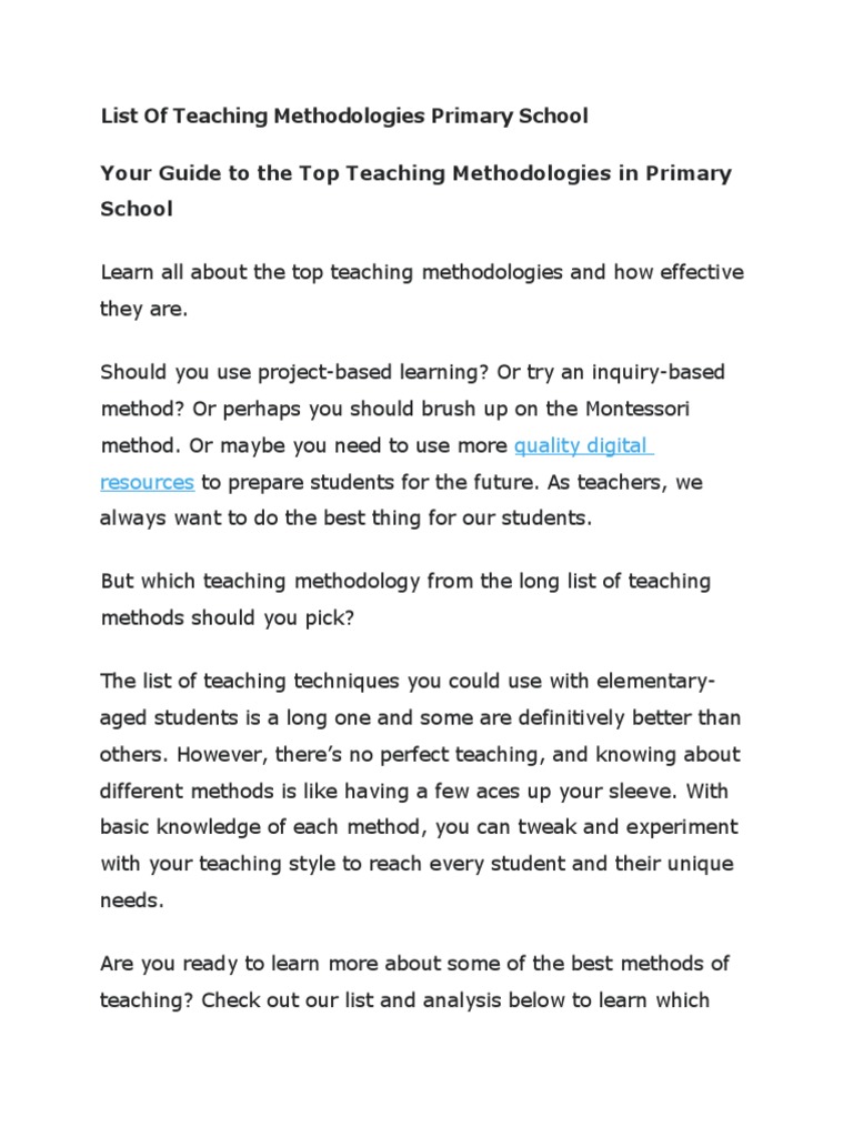 List of Teaching Methodologies Primary School Your Guide To The Top ...