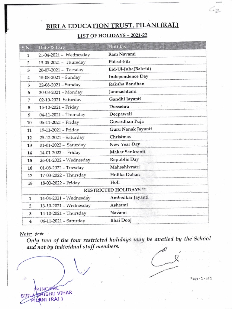 List of Holidays 2021 22 PDF